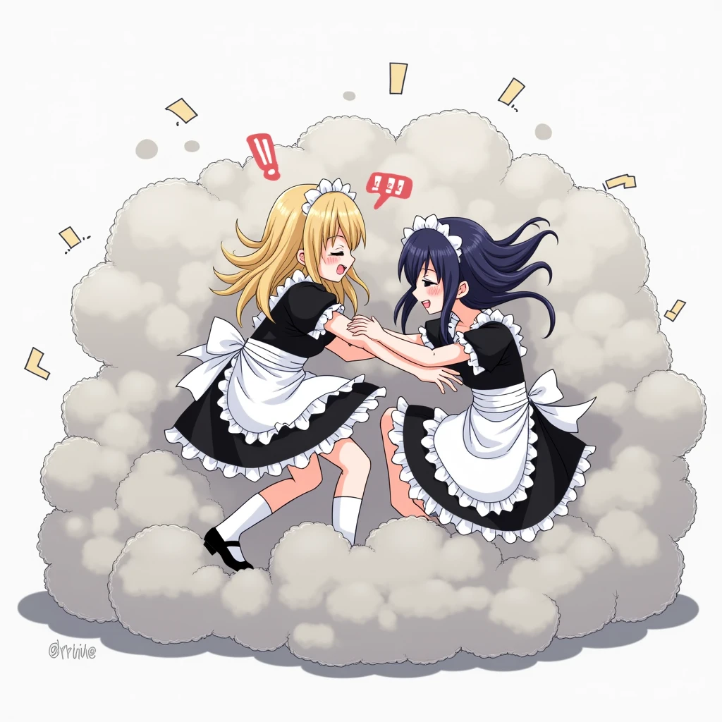 An anime-style illustration depicting maids playfully wrestling with each other inside a gray comical fight cloud (dust cloud).
each maid has different colored hair.
their faces,hands,and feet are visible emerging from the cloud as they tussle humorously, with the rest of their bodies completely hidden inside the cloud.
the illustration emphasizes the humorous and energetic nature of their scuffle,with a fluffy and exaggerated fight cloud.