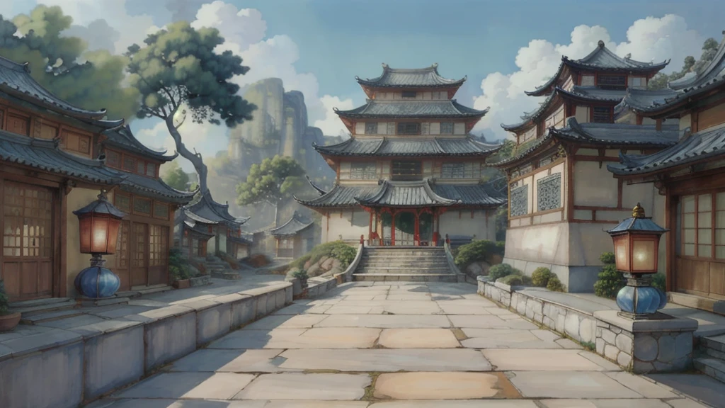 中国Ink画,  masterpiece , best quality, Ink画，Guo Chao，Ink，（Xianxia scene，Fantasy fairyland scene，Pavilions，architecture具有东南亚特色，cloud雾缭绕：1.5），outdoor，Sky，daytime，cloud，Tree，Blue sky，nobody，window，plant，architecture，landscape，lantern，stairs，Potted plants，architecture，东亚architecture，landscape