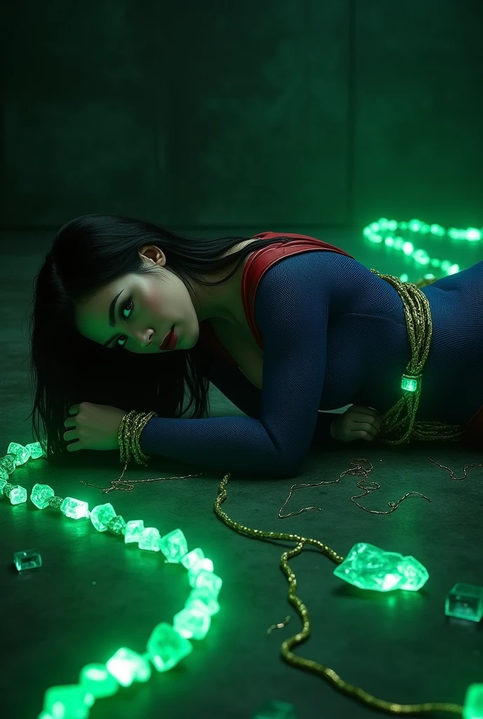A BONDAGE SCENE WHERE A HOT SUPERGIRL WITH LONG BLACK HAIR WEARING HER ICONIC SUPERGIRL OUTFIT AND CAPE, HER ENTIRE BODY TIED UP WITH GLOWING GREEN KRYPTONITE ROPE LAYING HELPLESSLY ON THE FLOOR COVERD IN KRYPTONITE SHARDS, IN A PITCH BLACK ROOM. INCREDIBLE DETAILS, HYPER DETAILED IN 8K RESOLUTION