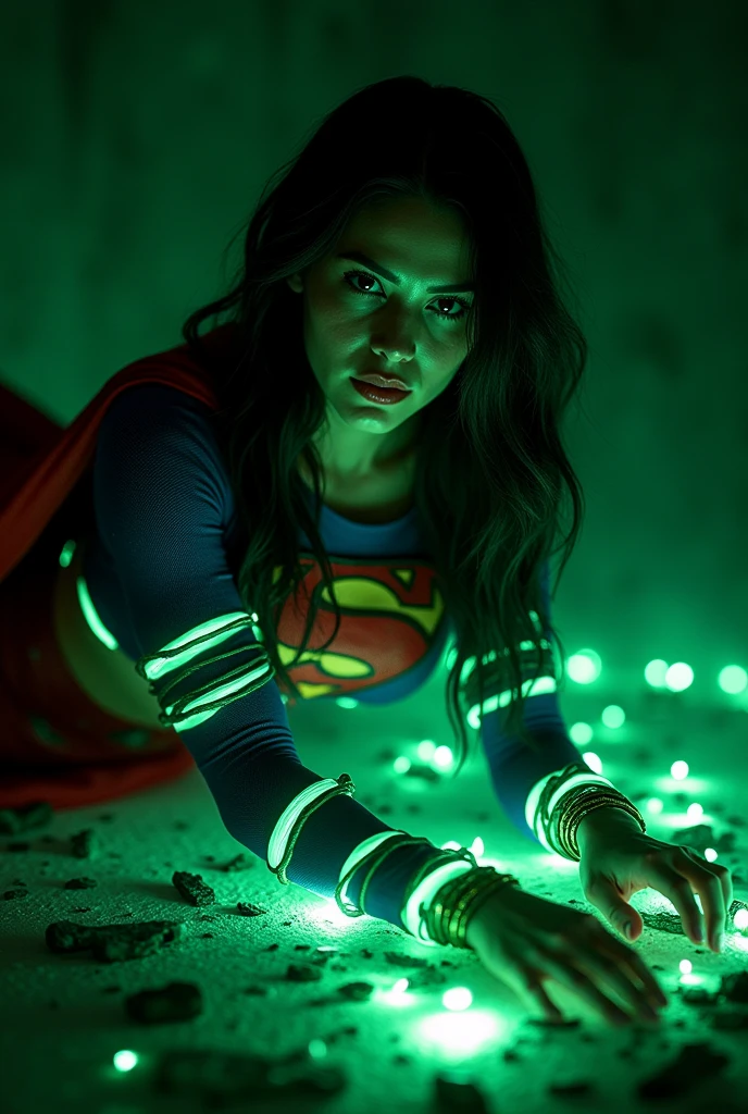 A BONDAGE SCENE WHERE A HOT SUPERGIRL WITH LONG BLACK HAIR WEARING HER ICONIC SUPERGIRL OUTFIT AND CAPE, HER ENTIRE BODY TIED UP WITH GLOWING GREEN KRYPTONITE ROPE LAYING HELPLESSLY ON THE FLOOR COVERD IN KRYPTONITE SHARDS, IN A PITCH BLACK ROOM. INCREDIBLE DETAILS, HYPER DETAILED IN 8K RESOLUTION