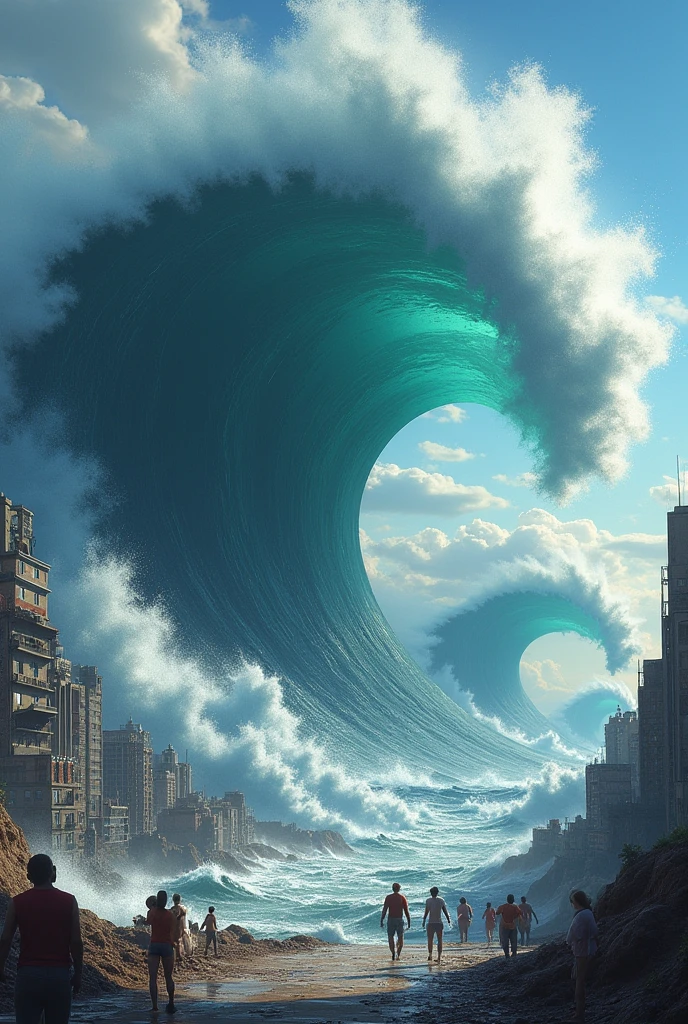 Make a picture of a very big tsunami In the city