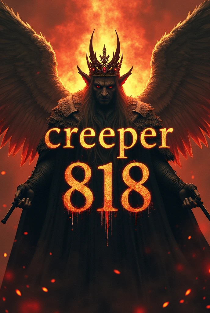 Luxurious letters " CREEPER818 " with a crown on the word CREEPER818. Angels with guns on one side and the devil with fire on the other side
