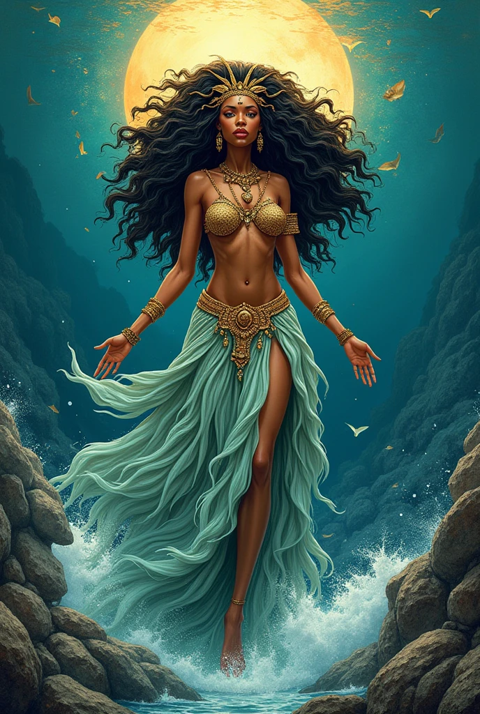 Drawing of Yemanja as a full-body goddess, Showing legs. With characteristics of orixá