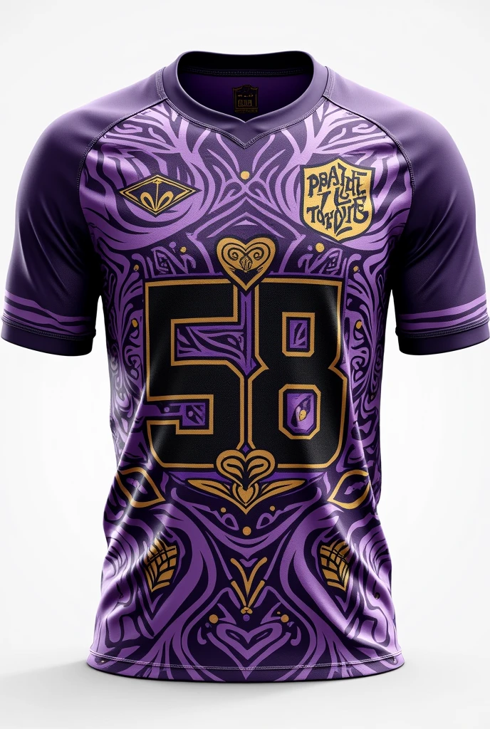 Purple and white football shirt Details :indigenous painting in black Panther in black and gold color Number 58 on the upper right side