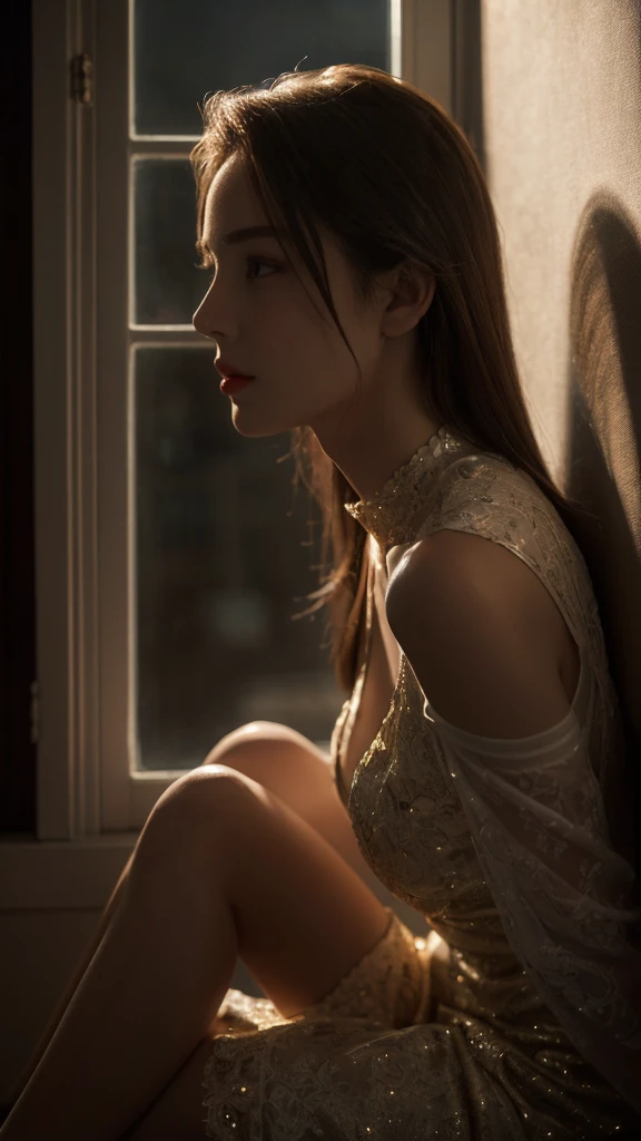  (best quality, 4k, ultra-detailed, realistic, photorealistic:1.37), (cinematic lighting, dramatic lighting:1.2),a mature woman in a high-neck dress, a beautiful detailed female face,striking eyes,detailed facial features, Graceful and graceful,Single full-body photo,Legs smooth porcelain white,window at night,Right-lying,portrait, oil painting, dramatic lighting, cinematic, moody colors, chiaroscuro, ethereal, elegant, intricate details, masterpiece