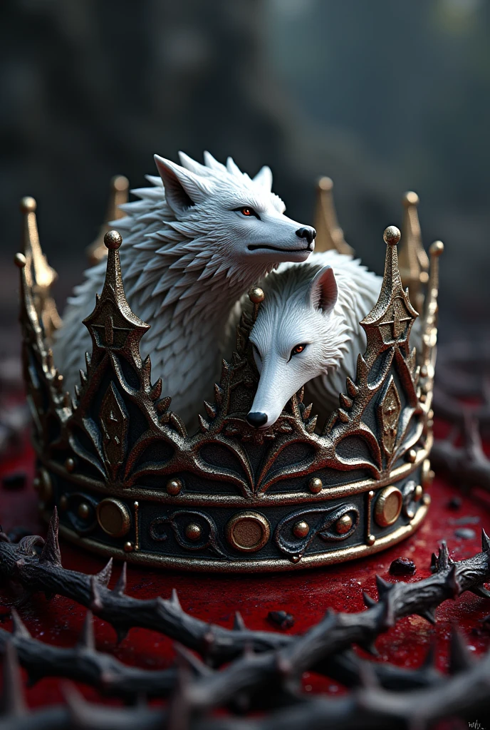Games of Thrones crown with details of a dragon and a white direwolf and thorns with blood and swords
