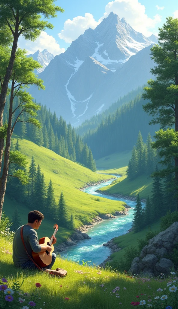 SCENERY HILL,MOUNTAIN ,STREAM ,RIVER FORECT AND A MAN PLAYING GUITAR,