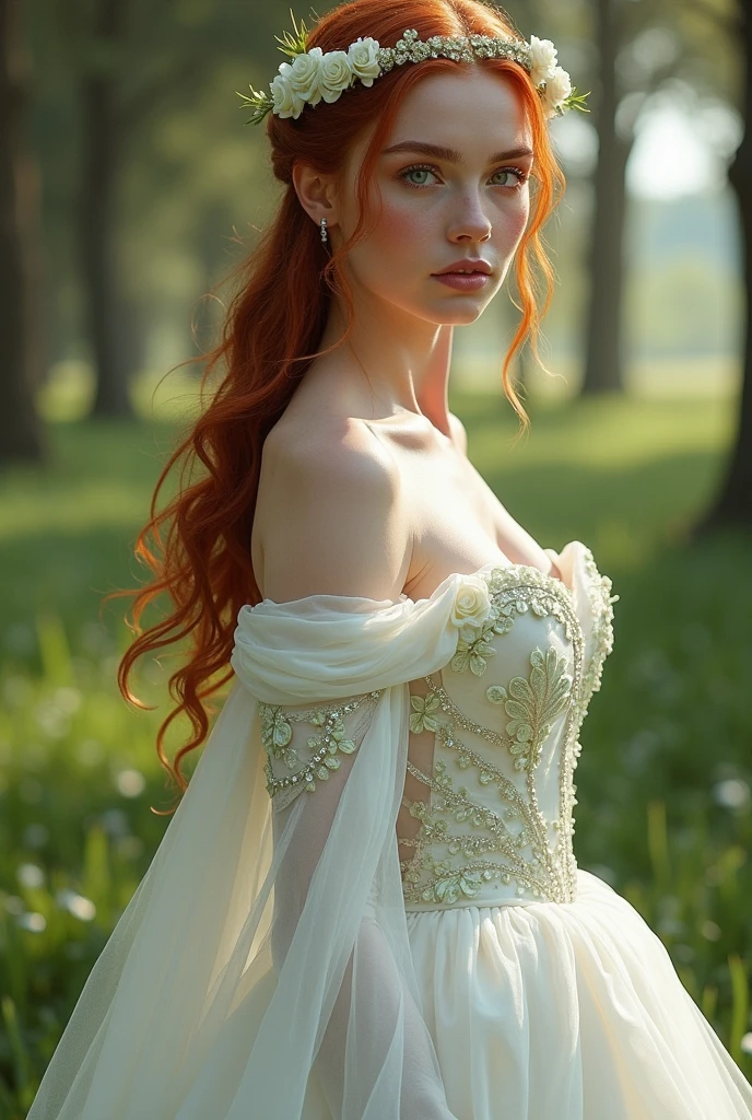 Lady Morgana tyrell , protector of the countryside,the most beautiful woman in Westeros, hair as red as a peach, Pele branca como a neve, rosy cheeks and mouth, sculptural body, wearing a white wedding dress, with some light green embroidered roses, with some details in rhinestones, full body dress 