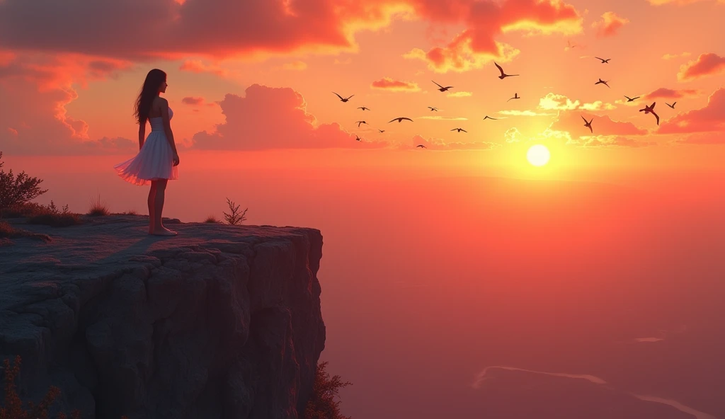 A cute and sexy 19-year-old girl standing on a cliff, detailed face and body, sky with singing birds, vivid sunset colors, 8K resolution, HDR, realistic, back view