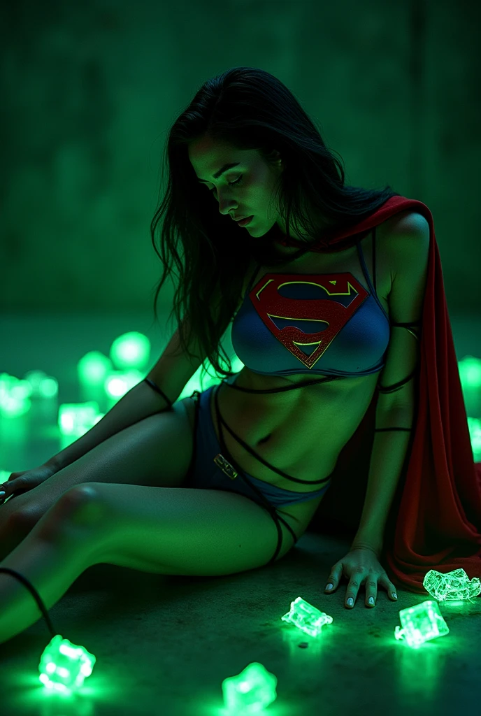 A BONDAGE SCENE WHERE A HOT SUPERGIRL WITH LONG BLACK HAIR WEARING HER ICONIC SUPERGIRL OUTFIT AND CAPE, HER ENTIRE BODY TIED UP WITH GLOWING GREEN KRYPTONITE ROPE LAYING HELPLESSLY ON THE FLOOR COVERD IN KRYPTONITE SHARDS, IN A PITCH BLACK ROOM. INCREDIBLE DETAILS, HYPER DETAILED IN 8K RESOLUTION