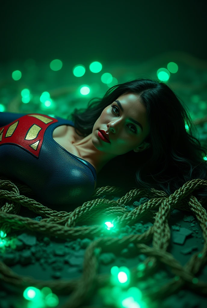 A BONDAGE SCENE WHERE A HOT SUPERGIRL WITH LONG BLACK HAIR WEARING HER ICONIC SUPERGIRL OUTFIT AND CAPE, HER HANDS, FEET AND WASTE TIED UP WITH GLOWING GREEN KRYPTONITE ROPE LAYING HELPLESSLY ON THE FLOOR COVERD IN KRYPTONITE SHARDS, IN A PITCH BLACK ROOM. INCREDIBLE DETAILS, HYPER DETAILED IN 8K RESOLUTION