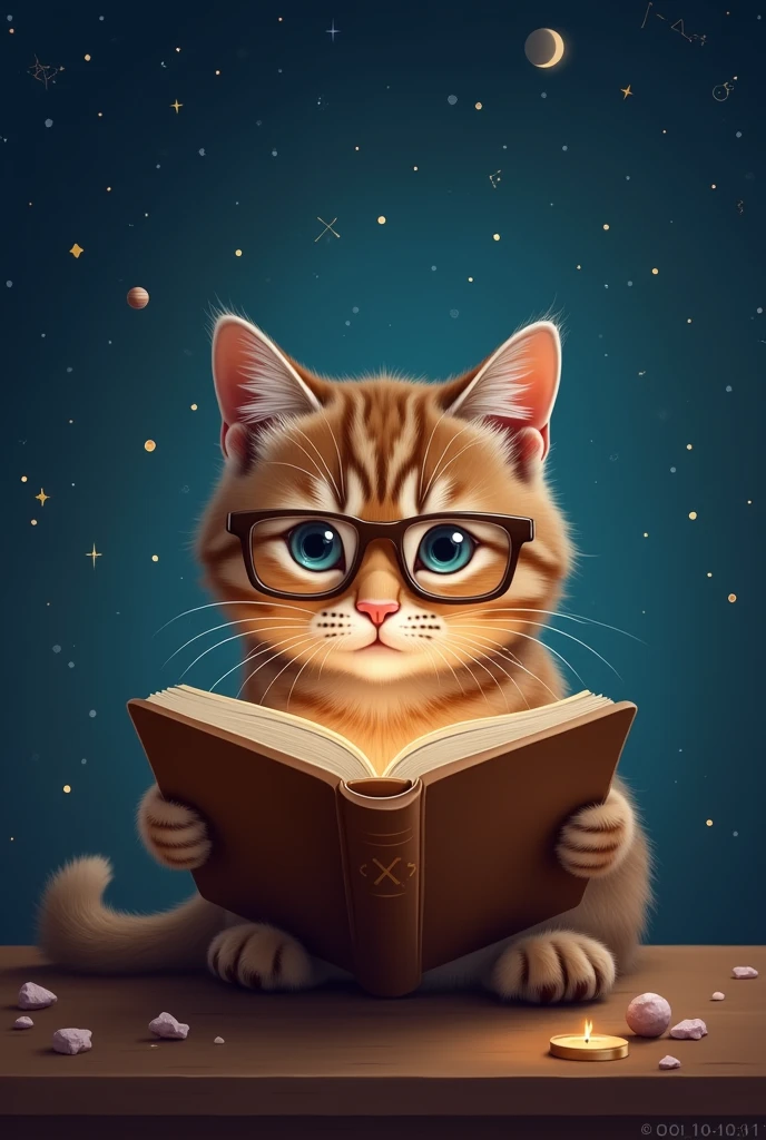 A brown cat is reading a book seriously,Wear glasses,宝箱にはHealingの公式が現れる,background,Night Sky、star々,backgroundに宝箱があります,((Astronomical formulas appear))、Healing、healing