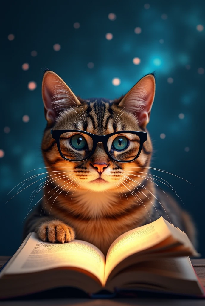 A brown cat is reading a book seriously,Wear glasses,宝箱にはHealingの公式が現れる,background,Night Sky、star々,backgroundに宝箱があります,((Astronomical formulas appear))、Healing、healing