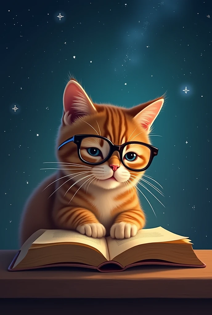 A brown cat is reading a book seriously,Wear glasses,宝箱にはHealingの公式が現れる,background,Night Sky、star々,backgroundに宝箱があります,((Astronomical formulas appear))、Healing、healing