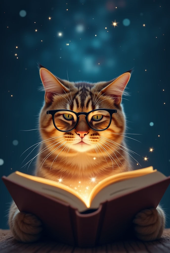 A brown cat is reading a book seriously,Wear glasses,宝箱にはHealingの公式が現れる,background,Night Sky、star々,backgroundに宝箱があります,((Astronomical formulas appear))、Healing、healing