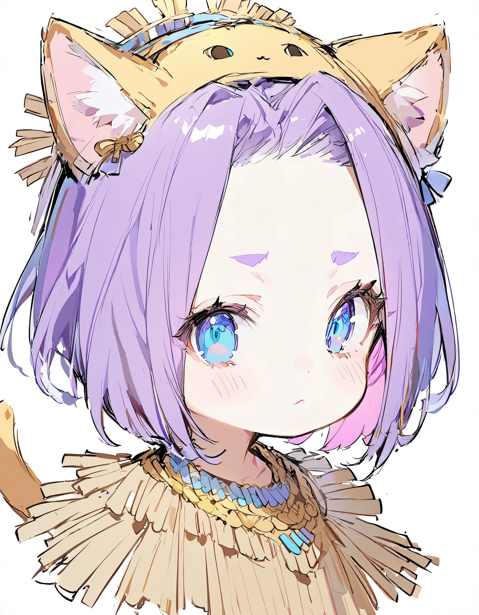 1 girl, (Sketches), (close), (Small body), (Pink Cheeks), (Golden cat ears), (Cute cat ears),Purple Hair, (Short Bob Hair:1.4), (Blue eyes), (Big Hair) , (fringe), (More about the Strand), (White Background),