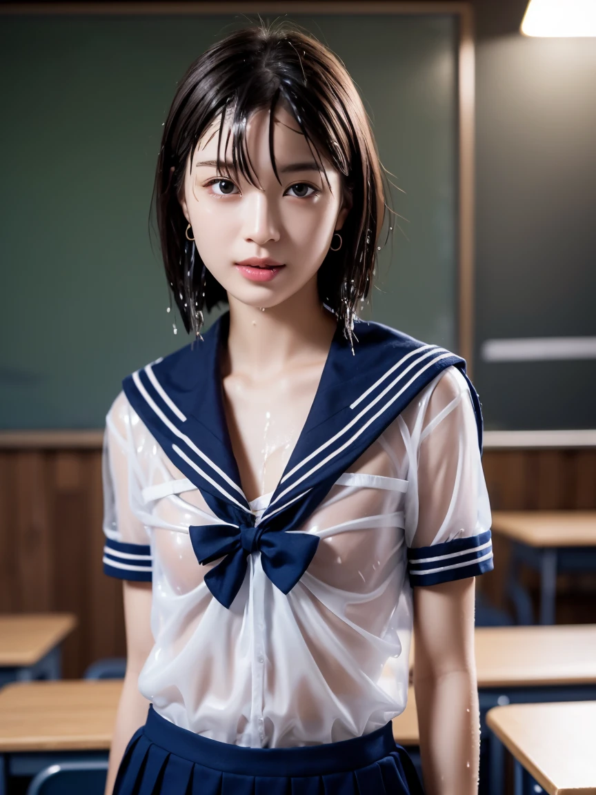masterpiece:1.2, Very detailed, Ultra-high resolution, Realistic, photo Realistic:1.6, High-resolution RAW color photos, Professional photos, Sharp focus:1.2, Very detailed顔と肌の質感, Very beautiful eyes, Glossのある肌, Glowing Skin, Glowing Skin, Shining Face, Gloss, Oily skin, greasy face, Oily skin, greasy face,, real Glossのある肌 texture, Perfect Anatomy, Very detailed背景,(High school classroom at night),1 female,25-year-old woman, Japanese women,short hair, Straight hair, bangs, Brown Hair,((Flat Chest:1.6)), (White short-sleeved sailor suit),((A wet and very transparent sailor uniform:1.5)),((Viewer discretion advised 1.7)),Earrings、Smiling faintly