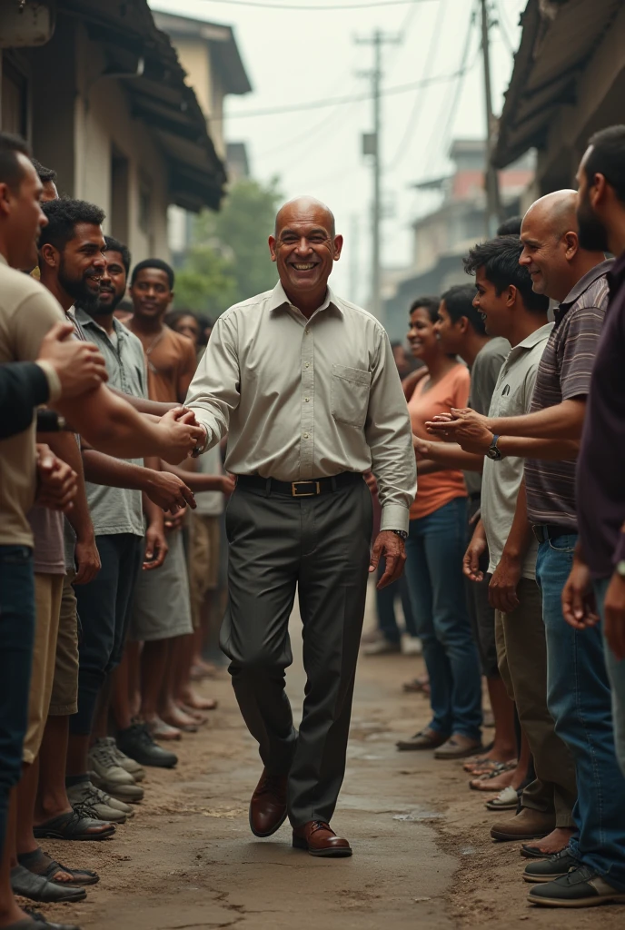 A bald man shaking hands with people in a poor neighborhood