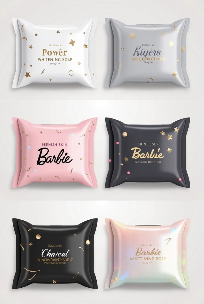 Make these soap packaging ideas in a clear picture, the soap packaging is a box-shaped pillow styled pouch:

"Kili Power Whitening Soap": White or light gray with a subtle pattern of stars or lightning bolts, symbolizing power and brightness.

"Barbie Whitening Soap": Soft pink with a subtle shimmer, featuring small heart or crown motifs, reflecting the playful and glamorous essence of the Barbie brand.

"Charcoal Niacinamide Soap": Matte black or dark gray pouch with minimalist silver geometric lines, representing the sleek and purifying properties of charcoal.

"Glass Skin Soap": Light pastel pouch with a holographic finish, featuring small water droplet or crystal motifs, symbolizing clarity and radiance.

Brand and Product Label:
Front Label: A small, elegant design. Use a metallic or embossed font to display the brand name "BEENISHA SKIN ESSENTIALS" brand at the top, followed by the product name in a slightly smaller font.

Back Label: On the back, include key details such as:
Ingredients: A brief list of the main active ingredients.
Benefits: A short description highlighting the primary benefits
Usage Instructions: Simple steps for using the soap effectively.


The design should be consistent across all products but vary in colors and motifs to represent each soap’s unique identity. The overall theme should feel chic, cute, and premium, appealing to customers who value both effectiveness and aesthetics in their skincare routine.