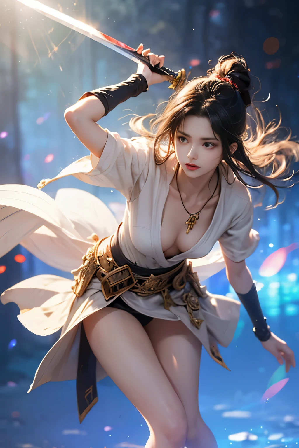 1 beautiful girl in Japanese Ninja girl Kunoichi costume, white smallest breasts:1.9, breasts chest, slim waist, purple fishnet socks, Japanese Ninja style, fictional art texture, colorful bright and realistic, RAW Photo, Realistic Photo, ultra high quality 32k surreal photo, (effective fantasy light effect:1.8), 100x pixels, magical effect (Background:1.8), ultradetailed eyes, close up shot, dynamic pose, leaning forward,Intense battle scene,Dynamic swordsmanship,Not wearing underwear,((Thin legs)),(Small waist),((Flat Chest)),(Are thin),(Swordsmanship),(Swordsman),A powerful female swordsman,
