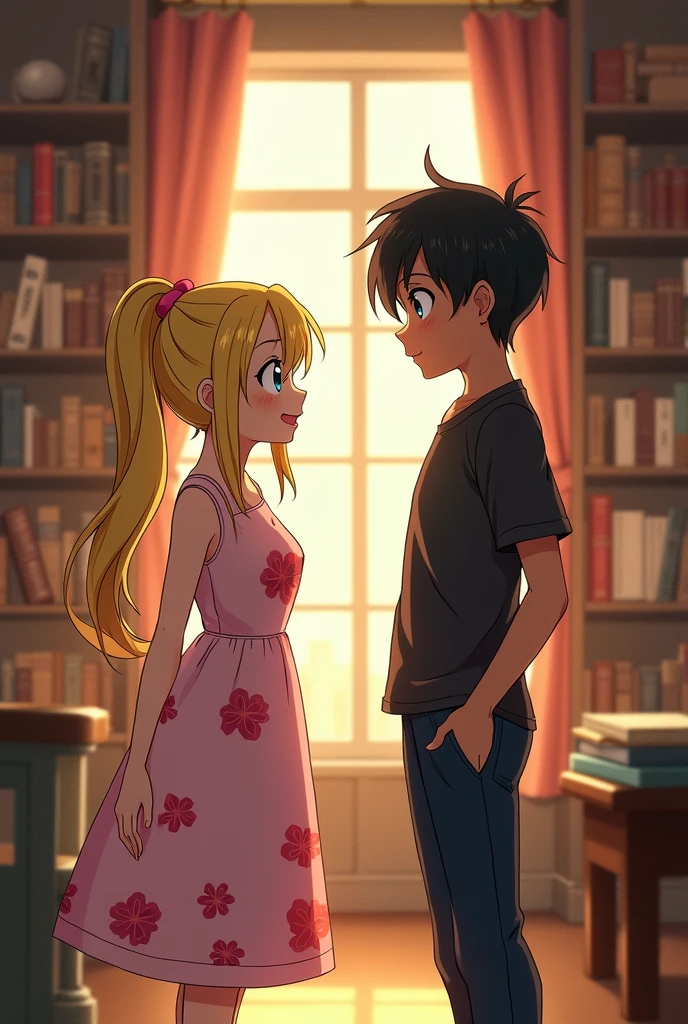Create an image of an anime-style woman with blonde hair and lighter blonde highlights, tied back in a ponytail. She has a round face, bochechas grandes, is chubby, and is wearing a dress with pink flowers. She has green eyes and is talking to a tall boy., with medium length black hair, blue colored eyes, wearing black clothes and with brown skin tone. The scene must be set in a library