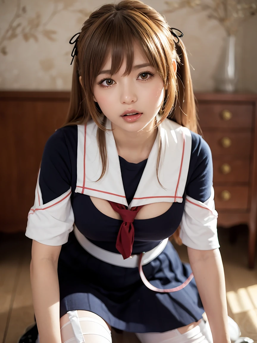 bb Murasa, Long Hair, Both sides up, Hair flap, Hair Clip, Heterochromia iridis, Red eyes, Brown eyes, White sailor collar, Red neckerchief, Black Shirt, Removable sleeves, White Belt, Black Skirt, Garter Straps, (Big Breasts:1.2), (low length:1.2), A small person, alone,
break 
(software:1.2), (Bust up shot:1.2), (Face Focus, throw, looking at the camera), (OK sign), (put one hand between your legs:1.3), Leaning forward, Kneeling
break
(Eyes half closed:1.4), (Sticking out your tongue), (saliva:1.2), (blush:1.2)
break
official art, Masterpiece, Highest quality, Highest Resolution, 8k, Most detailed, Extremely elaborate hands, Very elaborate fingers, Highly detailed mouth, perfect anatomy
break
(Bedroom), Dust, Dust, Particles of light, Extremely finely detailed 16K CG wallpaper