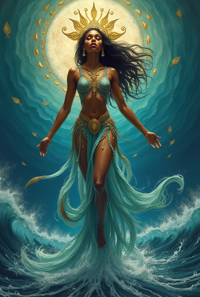 Drawing of Yemanja as a full-body goddess, Showing legs. With characteristics of orixá