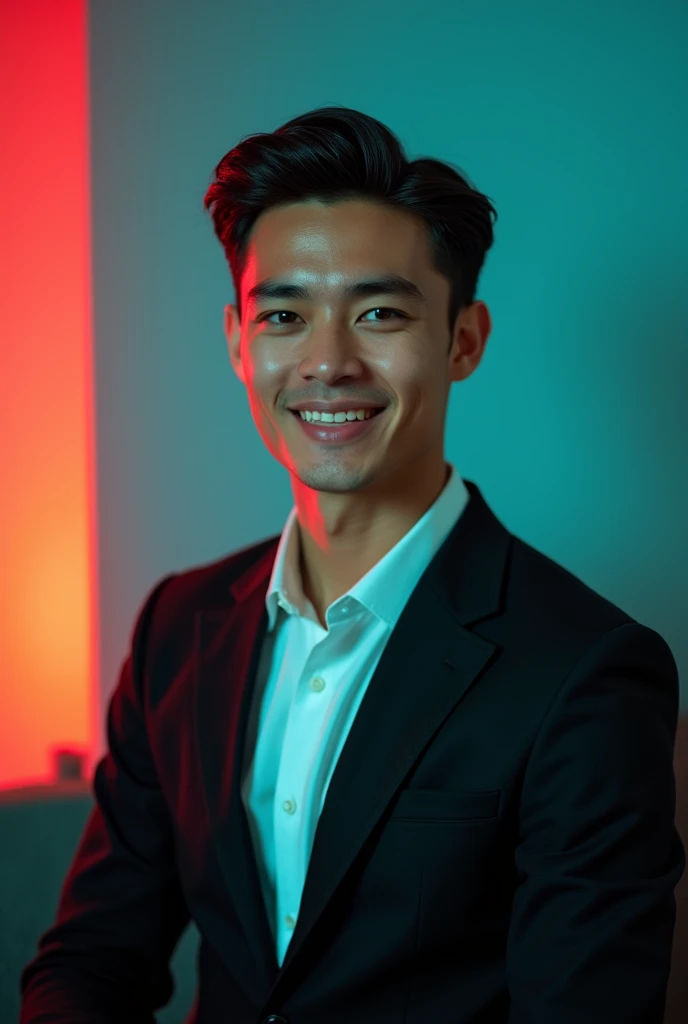 A young man with dark hair and a confident smile. He is dressed in a black blazer over a white shirt. The man is positioned against aqua colour backdrop with a subtle red lighting on the left side. and he posing for Linkedin profile