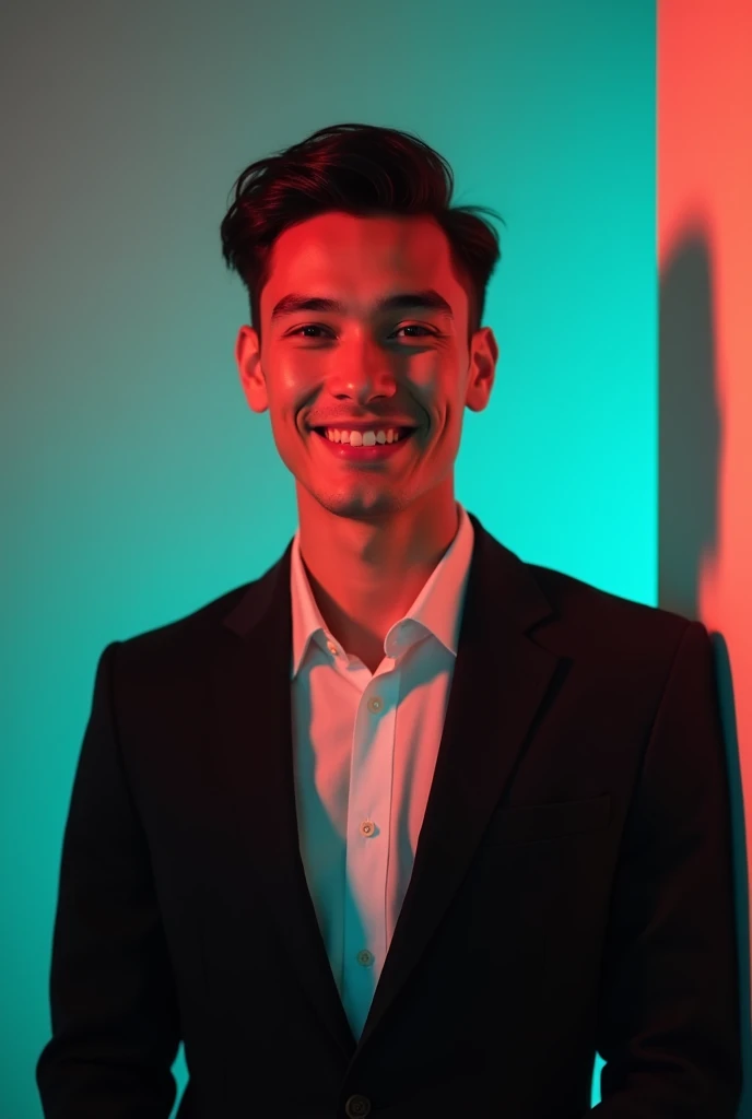 A young man with dark hair and a confident smile. He is dressed in a black blazer over a white shirt. The man is positioned against aqua colour backdrop with a subtle red lighting on the left side. and he posing for Linkedin profile