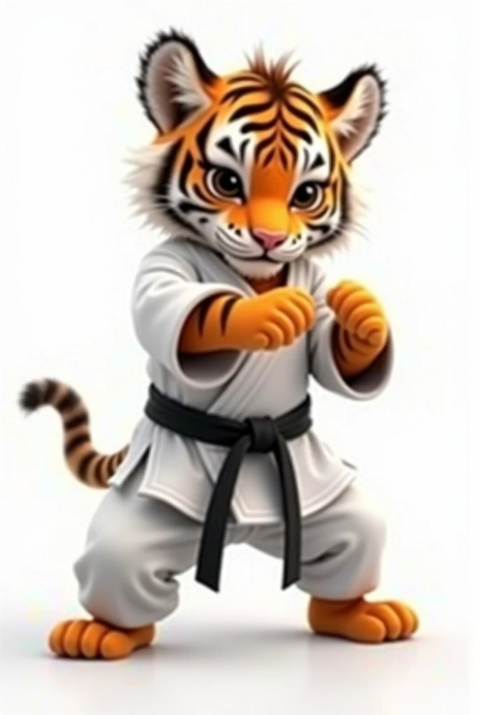 tiger cub in karate costume on white background