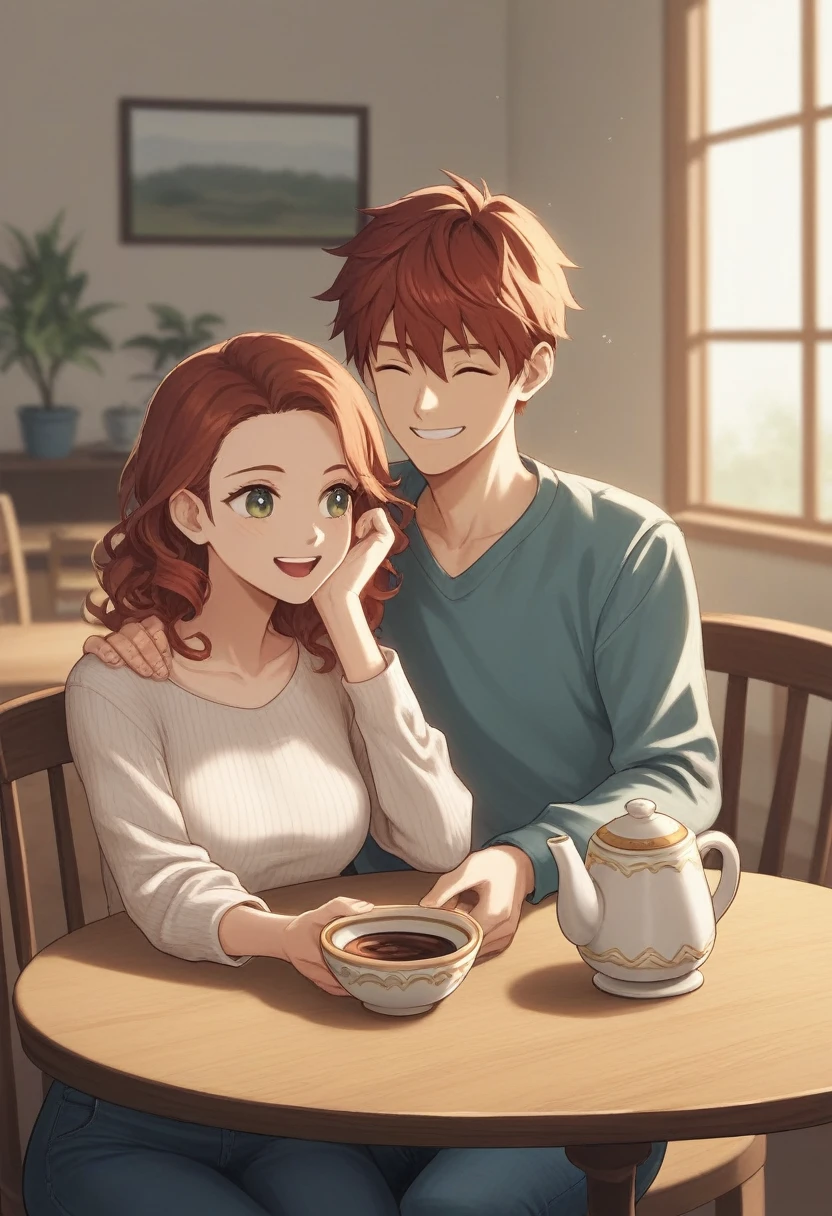- Scene: A cozy café with a warm atmosphere, where **three** people—**two women and one man**—are interacting together.

- Character A (Woman):
  - Hair: Long, straight, jet-black hair
  - Eyes: Dark brown
  - Outfit: Light blue blouse and black skirt
  - Expression: Friendly smile
  - Action: Sitting at the table, holding a cup of coffee

- Character B (Woman):
  - Hair: Shoulder-length, curly, auburn
  - Eyes: Green
  - Outfit: White sweater and jeans
  - Expression: Laughing warmly
  - Action: Leaning slightly towards Character C, engaged in conversation

- **Character C (Man)**:
  - **Hair: Short, neatly styled, dark brown**
  - **Eyes: Blue**
  - **Outfit: Casual button-up shirt and khaki pants**
  - **Expression: Relaxed, slightly smiling**
  - **Action: Sitting across from Character A, with his hands resting on the table**

- Background:
  - Cozy café with wooden furniture, soft lighting, and a few plants. The table they are sitting at has a teapot and cups.

- Positioning:
  - **Ensure that the man (Character C) is clearly visible and interacting with both women (Character A and B).**
  - **All three characters (A, B, and C) must be fully visible and interacting with each other within the same frame.**
  - **Character C should not be hidden, obscured, or placed in the background.**