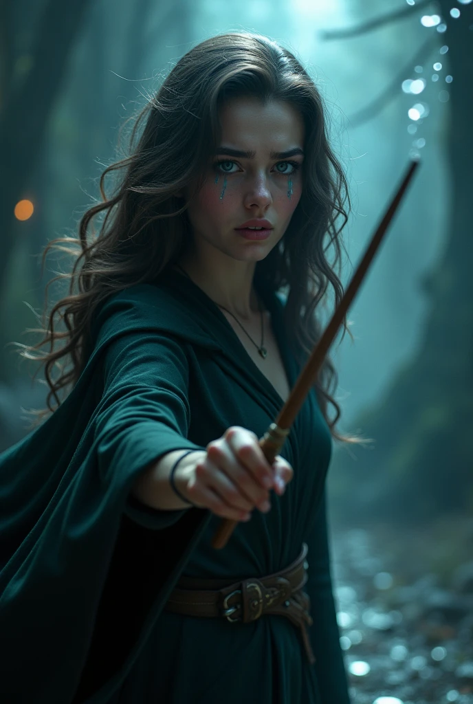 A woman with wavy dark brown hair and blue eyes pointing her wand at a man from behind, she was crying. don't show the man's face