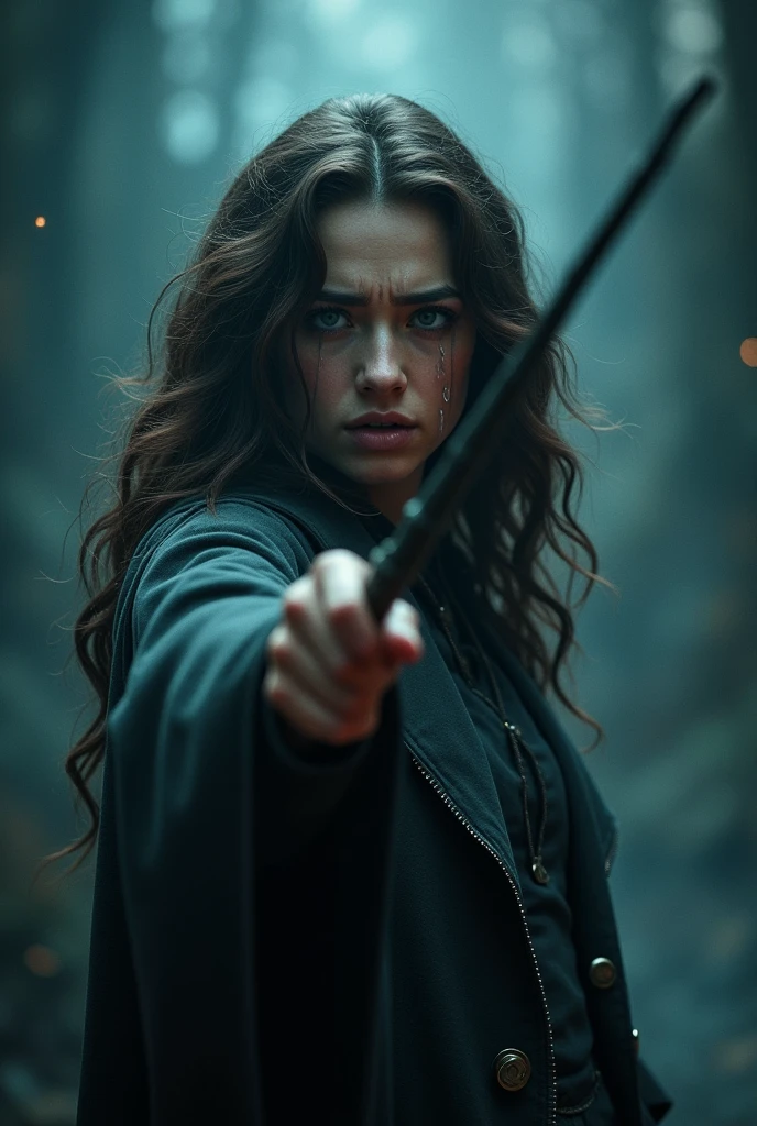 A woman with wavy dark brown hair and blue eyes pointing her wand at a man from behind, she was crying. don't show the man's face