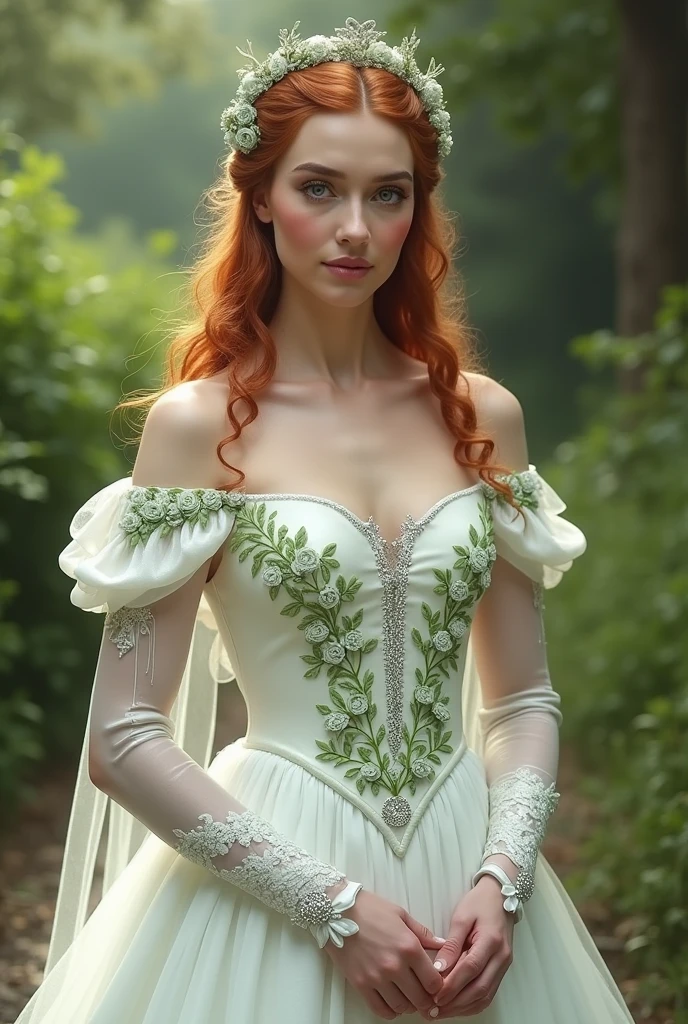 Lady Morgana tyrell , protector of the countryside,the most beautiful woman in Westeros, hair as red as a peach, Pele branca como a neve, rosy cheeks and mouth, sculptural body, wearing a white wedding dress, with some light green embroidered roses, with some details in rhinestones, full body dress