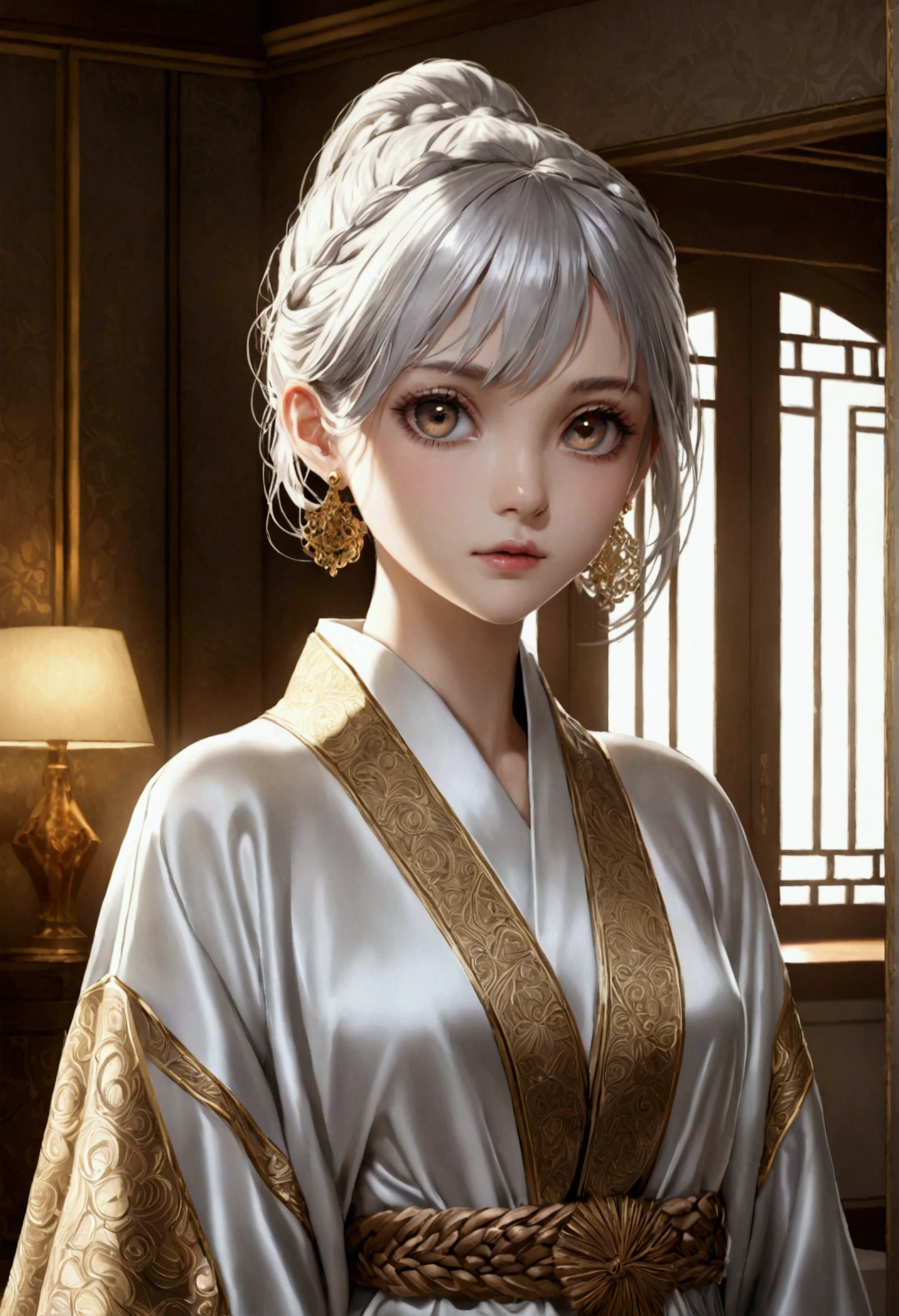 (best quality, masterpiece:1.2), ultra high res, realistic, front lighting, intricate detail, Exquisite details and textures, 1girl, solo ,(young), face highlight, upper body, detailed face, tear mole, white skin, silver hair, ponytail, braid hair, looking at viewer, big eyes, silk robe, (hollow pattern, white, silk), earrings, small breasts, slim body, luxury room, professional lighting, photon mapping, radiosity, physically-based rendering,