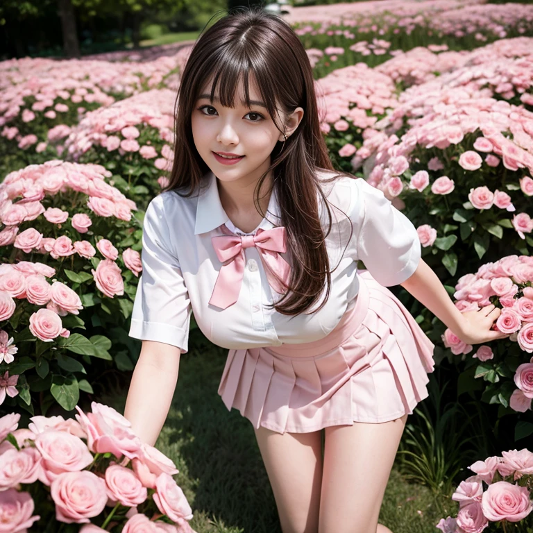 Pink short pleated skirt, in the flower field，Wearing a white sailor suit，white shirt，(knee shot) ,pink bow tie，Pink navy collar，1 female, On the face, laughing out loud, light brown hair, blunt bangs, hair behind ears, Shoulder-length hair, long hair, Slender body type, 超face slimming型, face slimming, delicate lips, beautiful eyes, Thin blush, Eyes are light brown,View here, (actual:1.3), One person's perspective, 8k, Super detailed, high quality, best quality, High resolution, ，Large Breasts，wear a H cup, 3,above knee shot