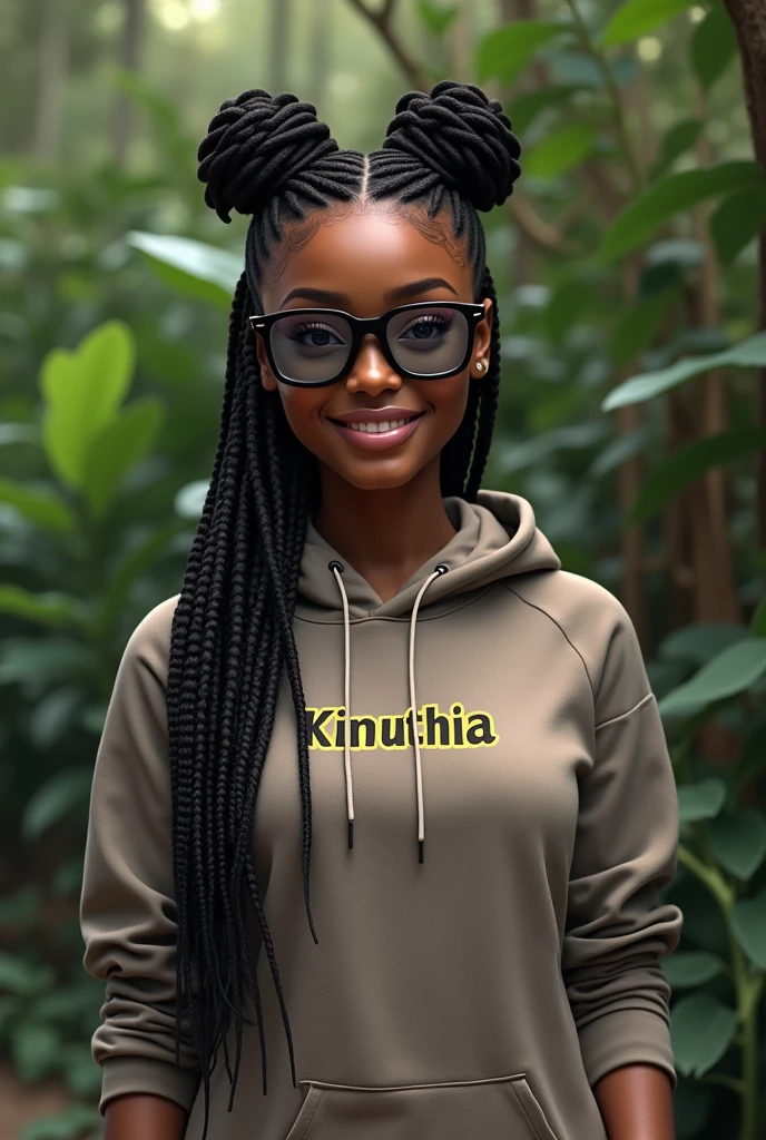 (photorealism:1.2), beautiful black African woman,22 years,baby face,sharp boobs, smiling,wearing a fitting hoodie written "KINUTHiA",long braids, black oversized photo chromatic glasses with grey lenses, standing , realistic intricate details,plants in background.Cardi B inspiration