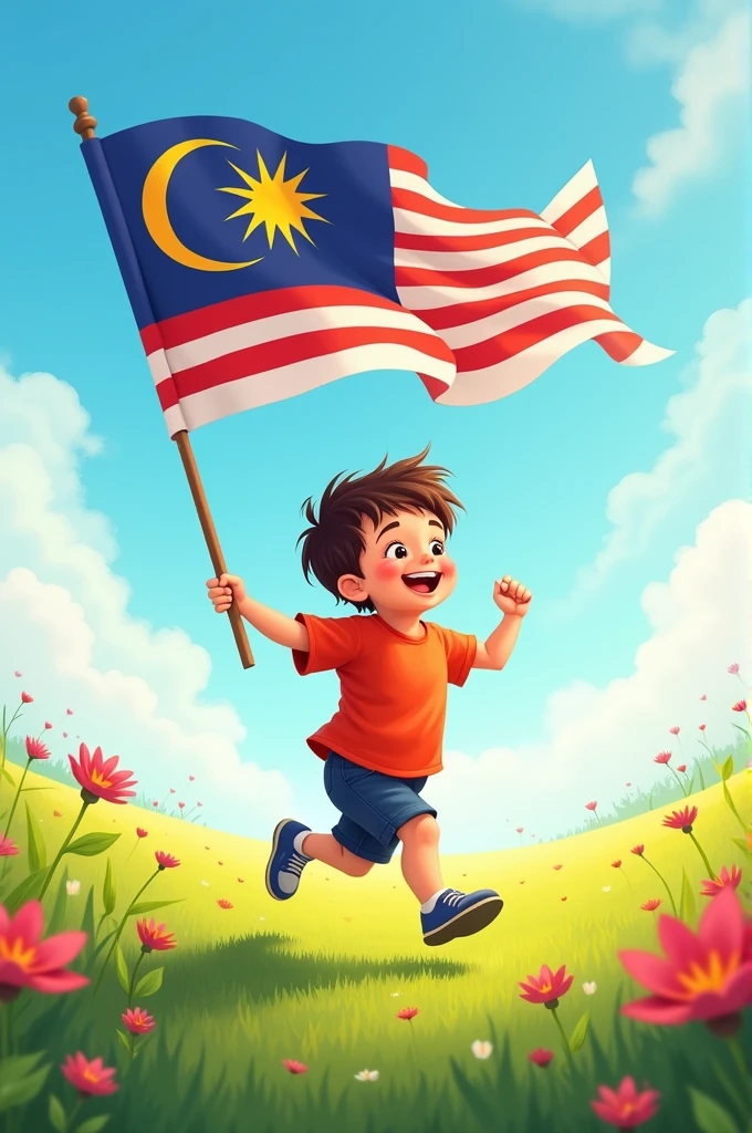 "An energetic and cheerful image of a small child running across a wide-open field, joyfully waving the Malaysian flag in the air. The child has a big smile, with flowers blooming around and a clear blue sky overhead. This scene symbolizes the innocence and pride of youth during Malaysia's National Day celebrations."