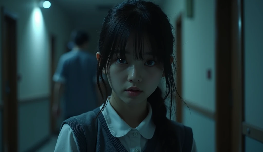 20 year old Korean high school girl,At night,In uniform, Horror atmosphere, There is a tile in the background,