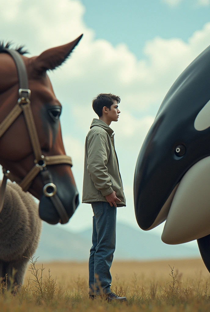 A human being measures a horse and measures an orca
