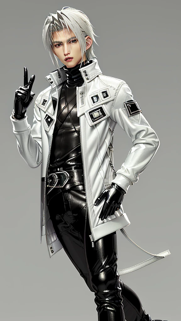 Final fantasy taste and reality graphics, Japanese young cute and cool ikemen  boy, his age is early 20s, thin eyebrows and beady eyes,  (((he wearing off white color and little shiny single-brest leather jacket and with epaulet))), ((leather jacket is close all zippers)) , ((jacket collar is high length)), ((jacket is stand-up collar with belts)),(jacket is simple design), ((also wearing black thick turtleneck polyester shirts)), put on tight black leather pants, (((put on shiny black leather glove,covers full finger))), black leather knee-high raceup boots, head-to-toe,whole body, boy looks like fashion model,hair is black