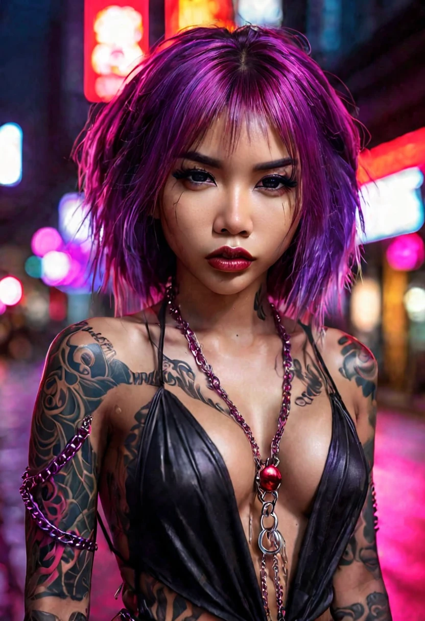 (a seductive female demon, highly detailed face, penetrating violet eyes, glossy black skin-tight outfit, intricate purple tattoos covering body, vibrant pink skin, chromatic hair, red hot metal chains wrapped around arms and dangling), streets of Bangkok at night, best quality, 8k, hyperrealistic, masterpiece, dark fantasy, cinematic lighting, moody atmosphere, dramatic chiaroscuro, deep rich colors
