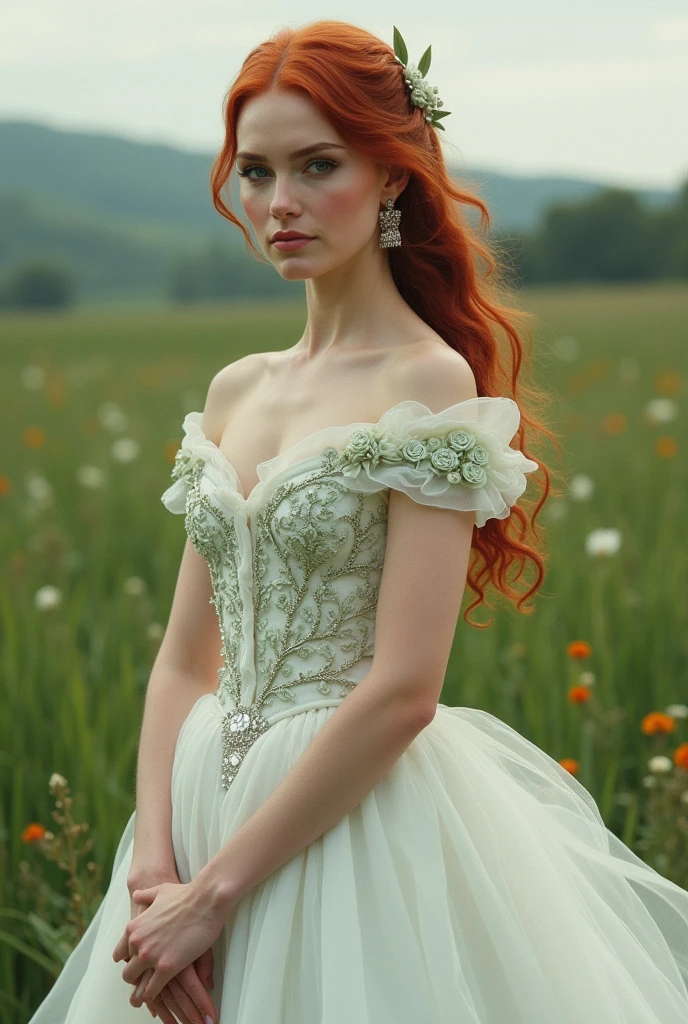 Lady Morgana tyrell , protector of the countryside,the most beautiful woman in Westeros, hair as red as a peach, Pele branca como a neve, rosy cheeks and mouth, sculptural body, wearing a white wedding dress, with some light green embroidered roses, with some details in rhinestones, full body dress