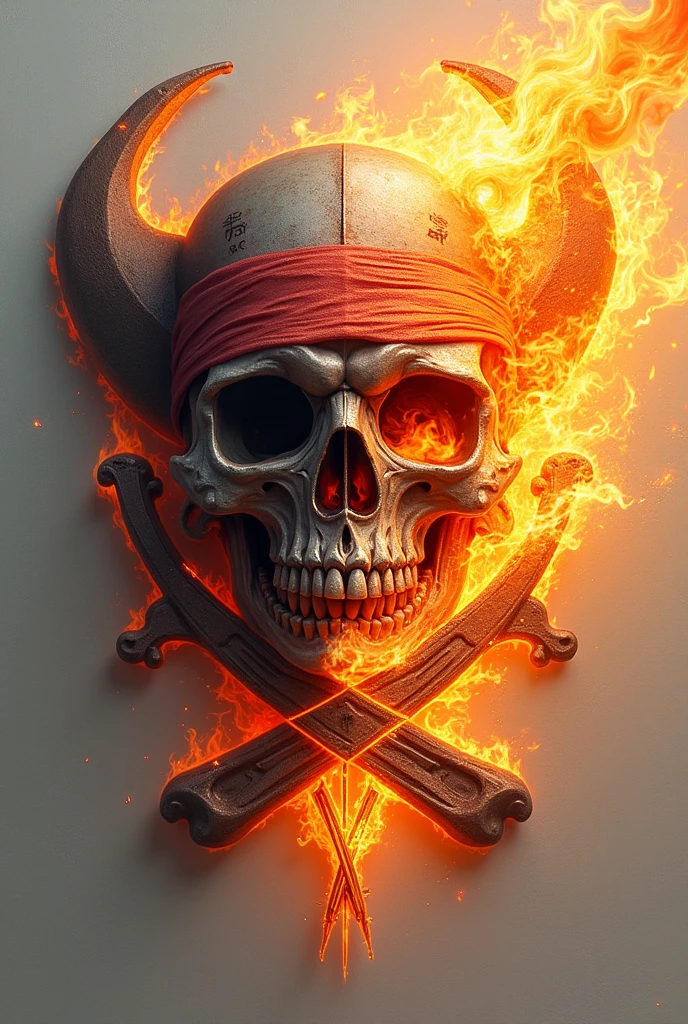 Create an image of the Whitebeard Pirates jolly roger, where half of the tattoo is depicted as normal, and the other half is engulfed in flames. The flames should appear dynamic, as if they're actively consuming that side of the tattoo, with bright, intense colors. The normal side of the tattoo should maintain its iconic, bold design, while the transition between the normal and flaming sections should be smooth and visually striking