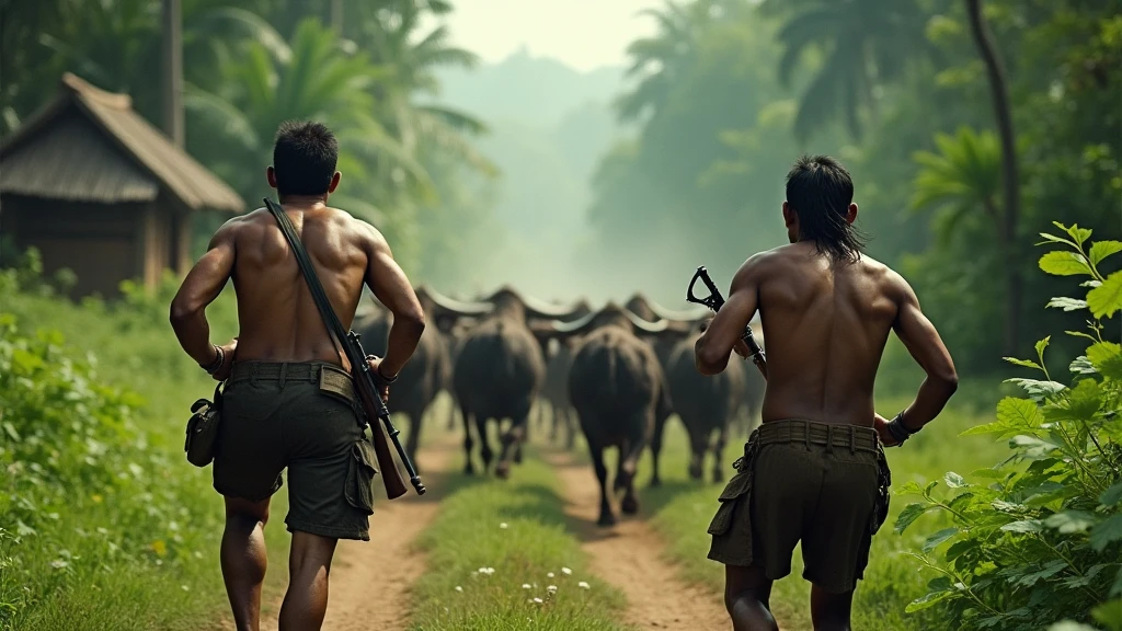 Two Indonesian hunters with guns run after a herd of buffalo in the forest near a villager's house, looking from behind 8k