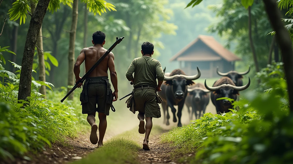 Two Indonesian hunters with guns run after a herd of buffalo in the forest near a villager's house, looking from behind 8k  