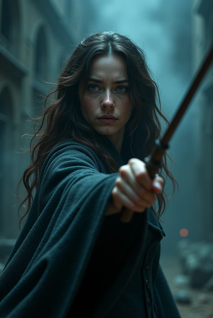 A woman with wavy dark brown hair and blue eyes pointing her wand at a man from behind, she was crying. don't show the man's face