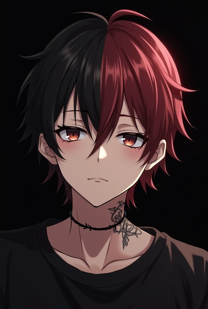 Young anime style man sleeping, De pele clara. medium long hairstyle. Short and straight chameleon. Black hair on the right side and light wine red hair on the left side. Dark brown eyes and sleepy face. with black clothes. Barbed wire tattoo in the center of the neck. Dilations in each ear. man face. black backdrop.