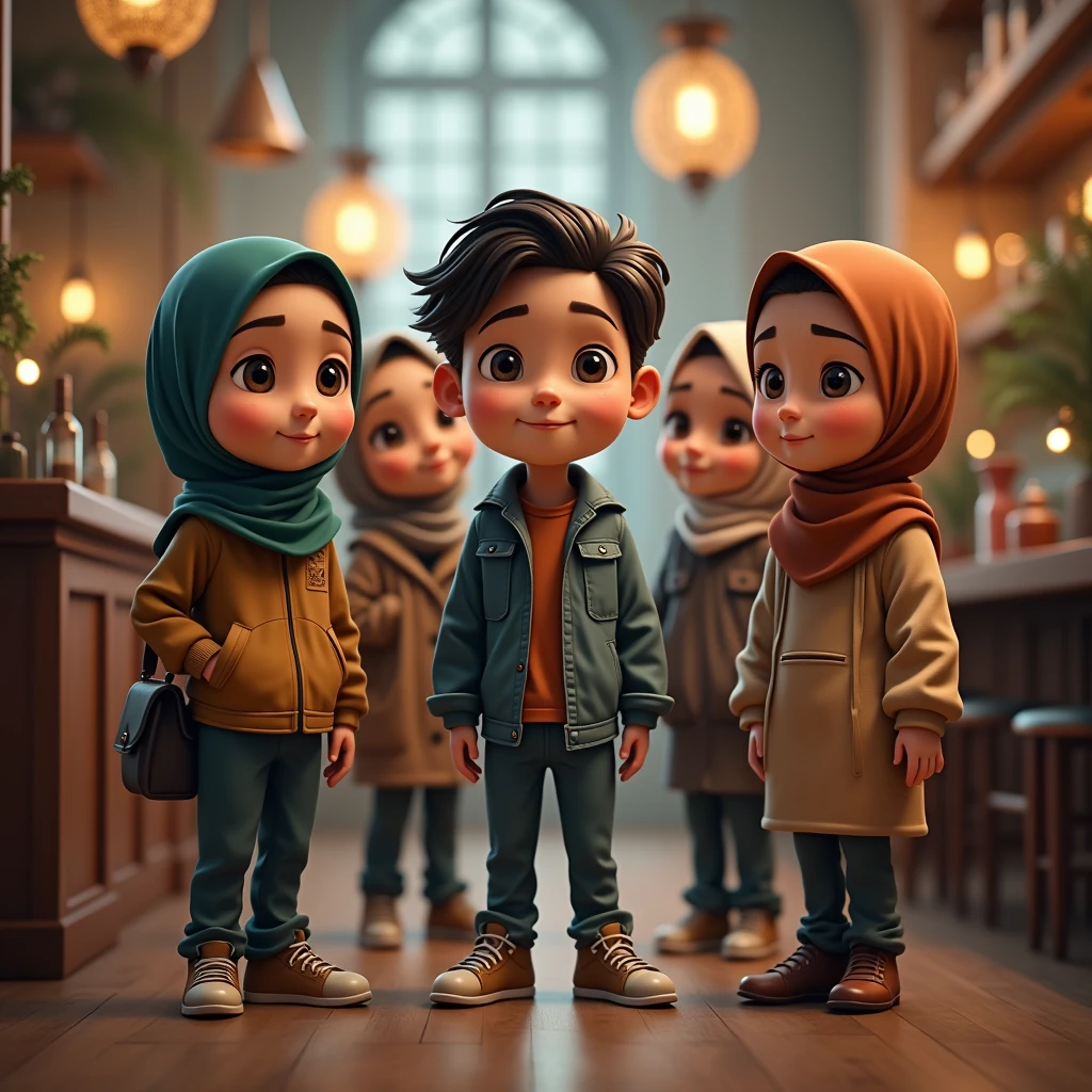 ((3 males sitting)) and ((3 hijabbed females)), caricaturized, cute face, just concentrate, casual fashion, fantasy art, happy expression, extreme detail, masterpiece, cinematic lighting, 4k, indoor background