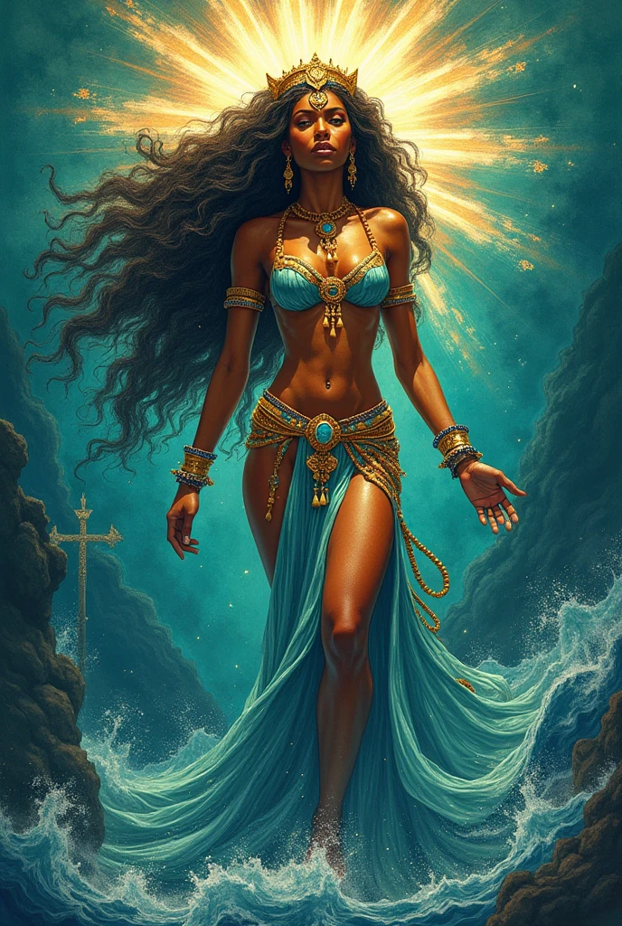Drawing of Yemanja as a full-body goddess, Showing legs. With characteristics of orixá
